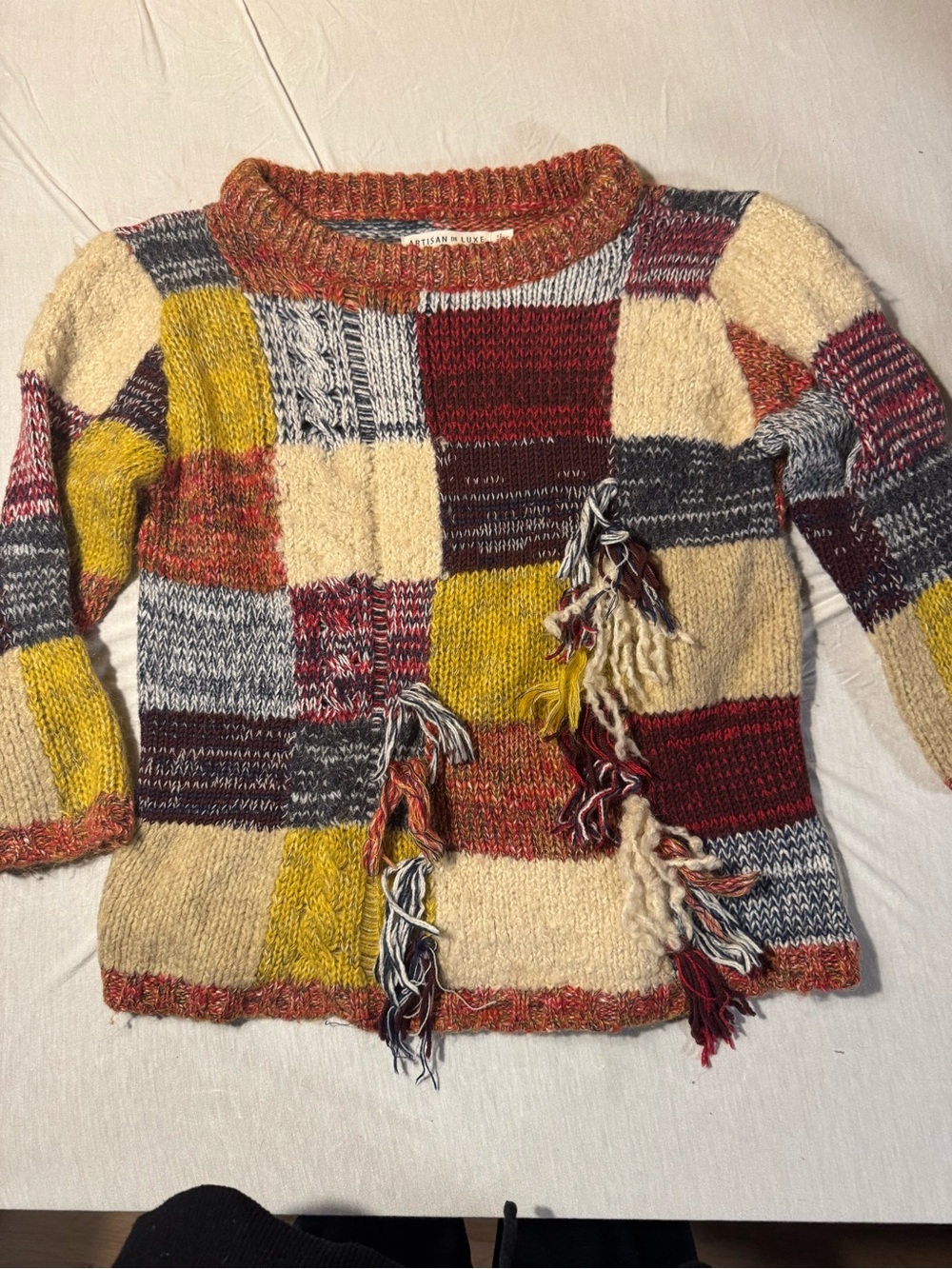 Anthropologie Artisan de Luxe Brimfield Patchwork Fringe Sweater S